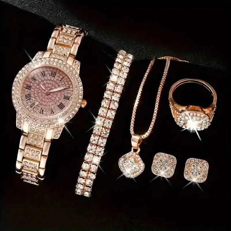 Women's Diamond Artificial Set - Roman Watch - Gold 5pc With Brcelet 
