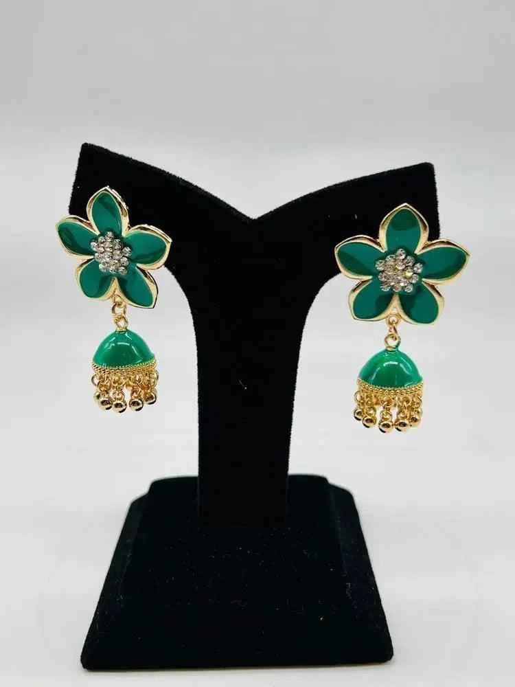 Women Fancy Flower Jhumka Earrings Green Star Design