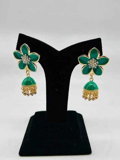 Women Fancy Flower Jhumka Earrings Green Star Design