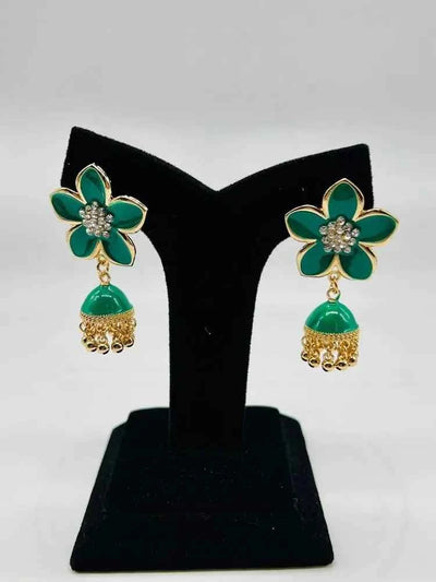 Women Fancy Flower Jhumka Earrings Green Star Design