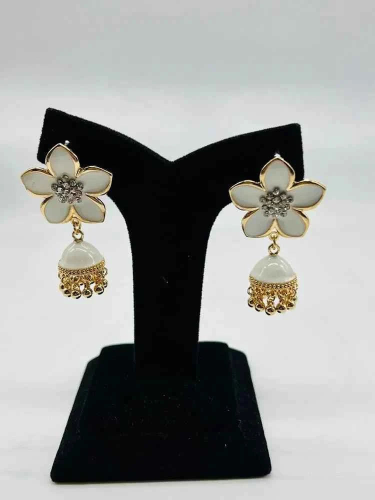 Women Fancy Flower Jhumka Earrings White Star Design