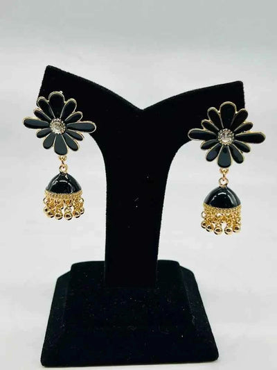 Women Fancy Flower Jhumka Earrings Black
