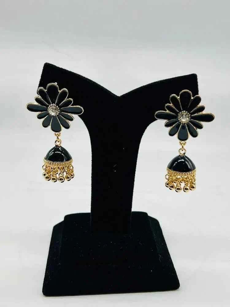 Women Fancy Flower Jhumka Earrings Black