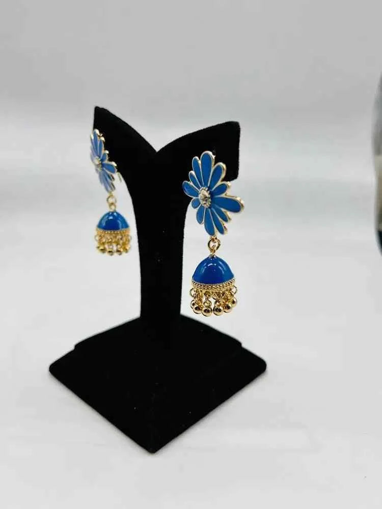 Women Fancy Flower Jhumka Earrings Very dark blue