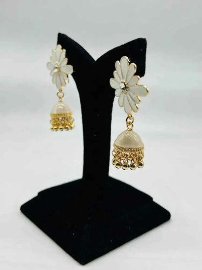 Women Fancy Flower Jhumka Earrings White