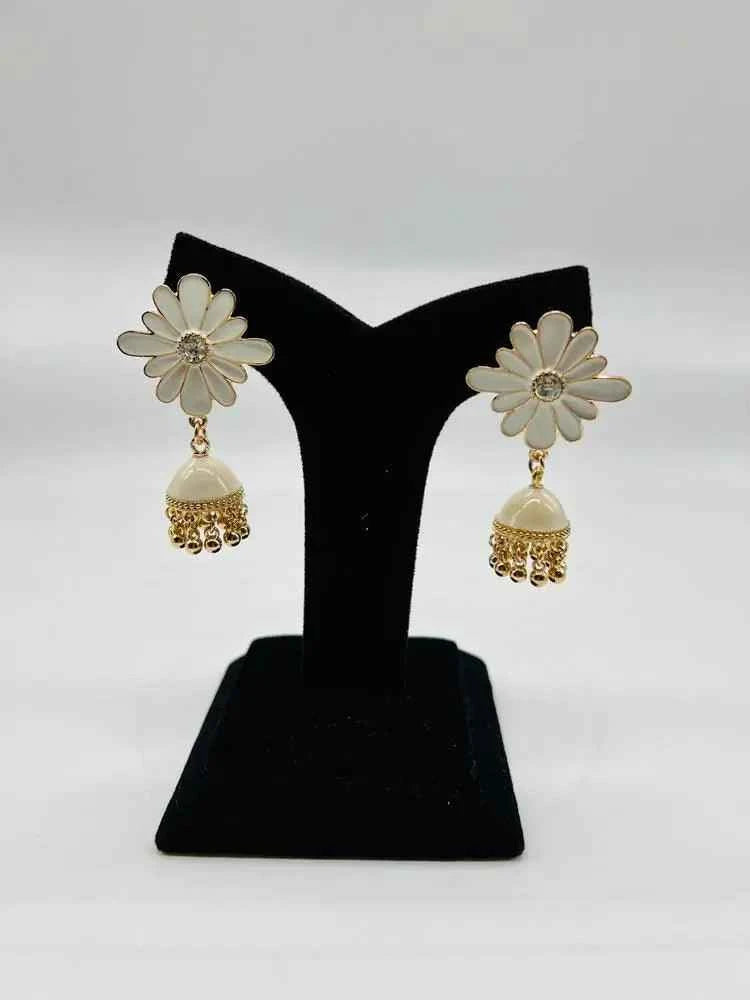 Women Fancy Flower Jhumka Earrings White 