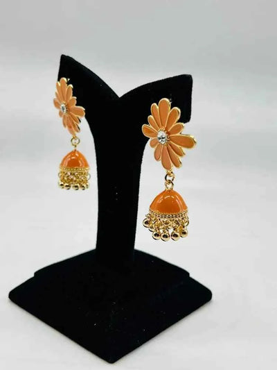 Women Fancy Flower Jhumka Earrings Dark orange [Brown tone]