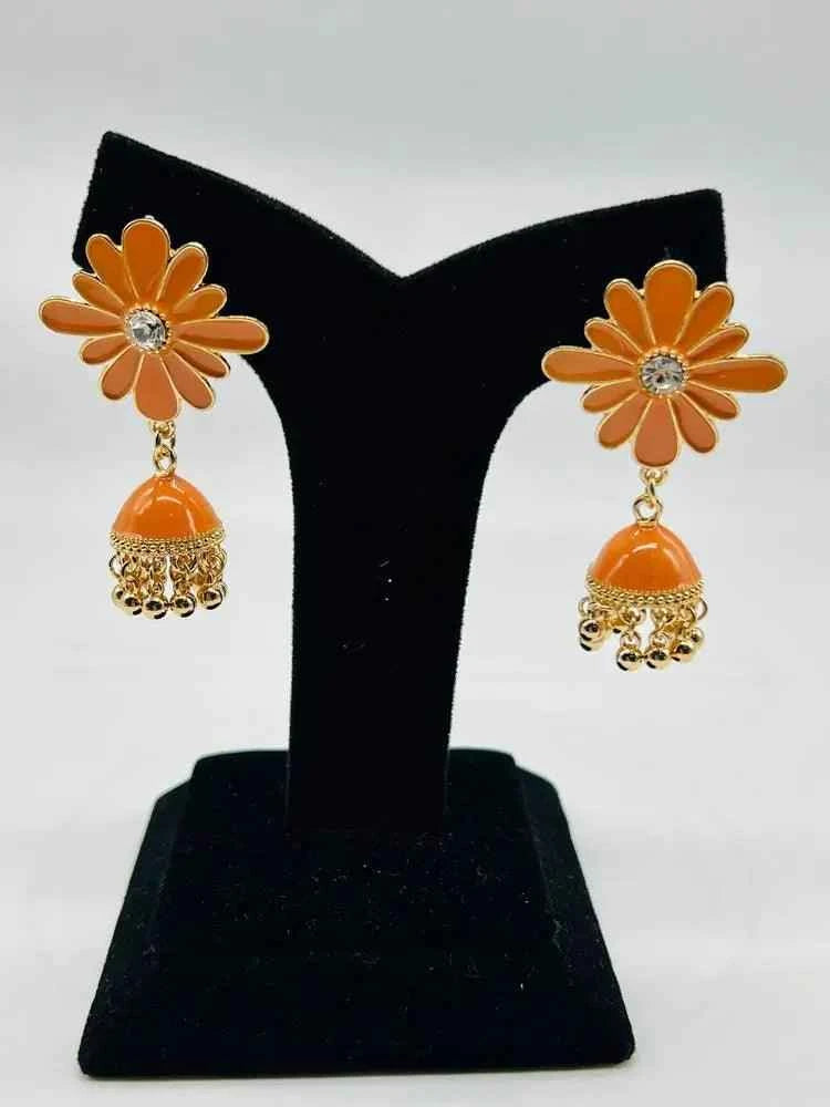 Women Fancy Flower Jhumka Earrings Dark orange [Brown tone]