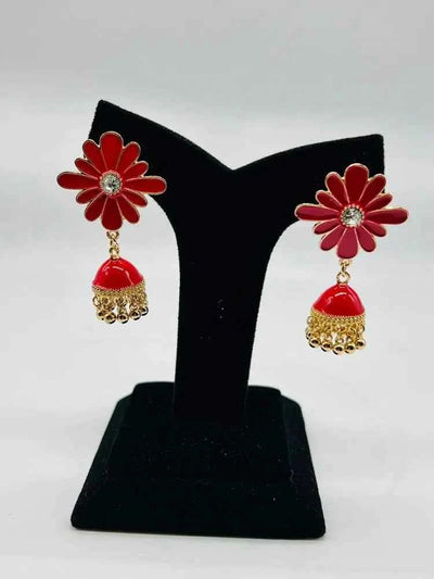 Women Fancy Flower Jhumka Earrings Red