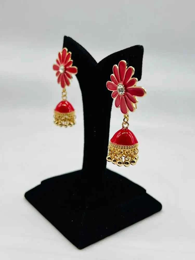 Women Fancy Flower Jhumka Earrings Red
