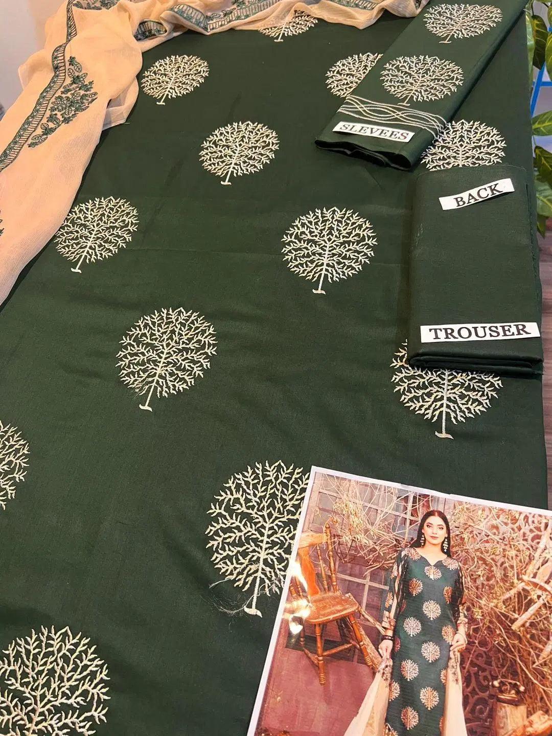 3 Pcs Women's Unstitched Embroidered Suit Green