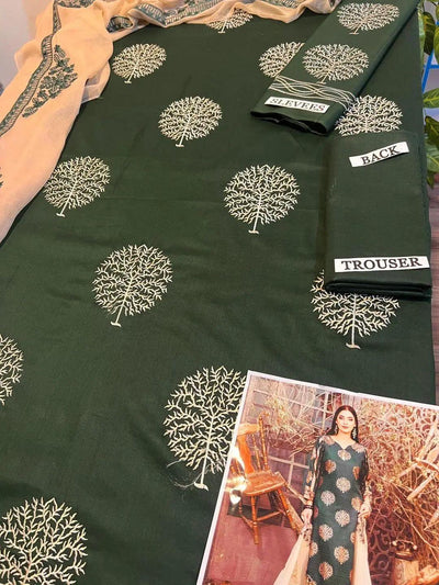 3 Pcs Women's Unstitched Embroidered Suit Green