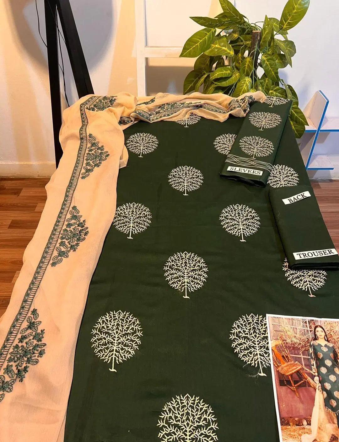 3 Pcs Women's Unstitched Embroidered Suit Green