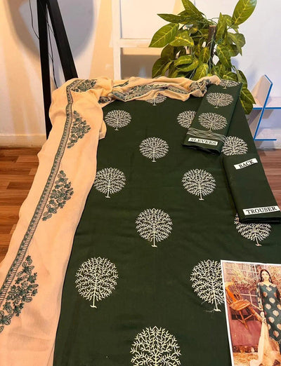 3 Pcs Women's Unstitched Embroidered Suit Green