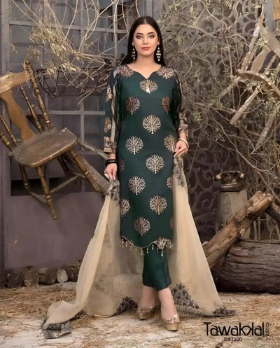 3 Pcs Women's Unstitched Embroidered Suit Green