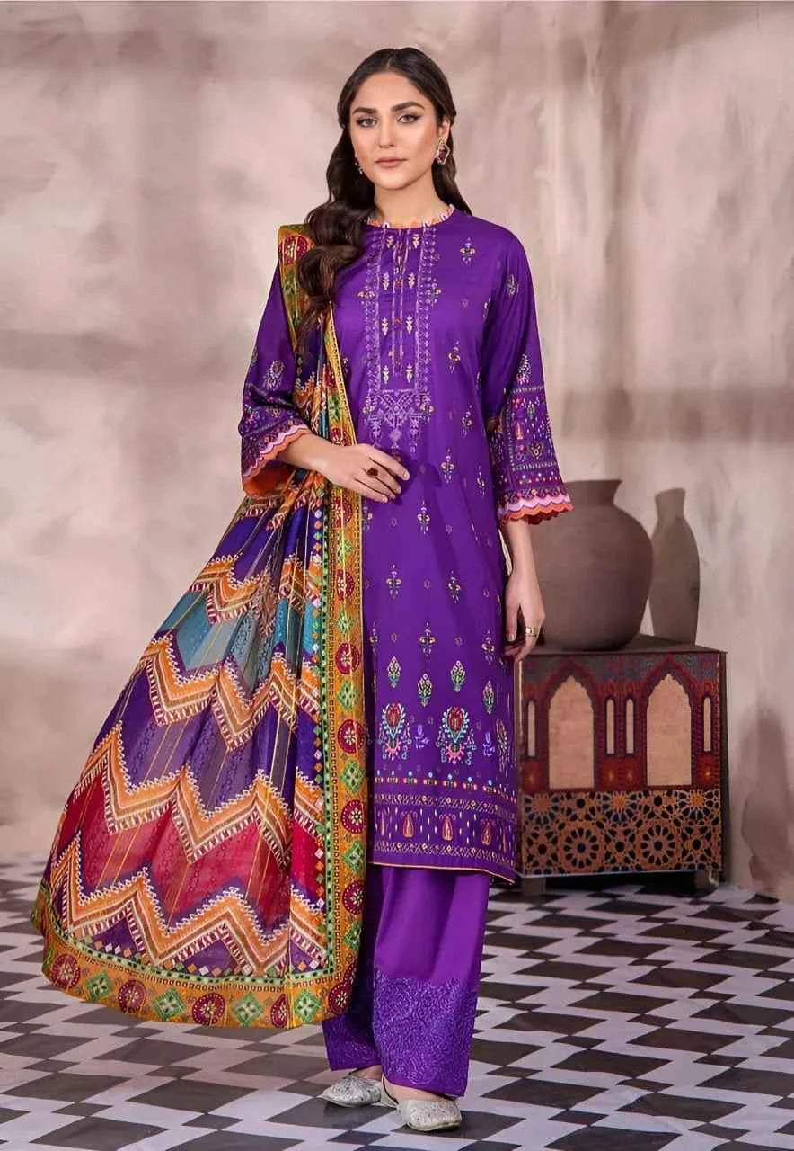 3 Pcs Women's Unstitched Lawn Embroidered Suit