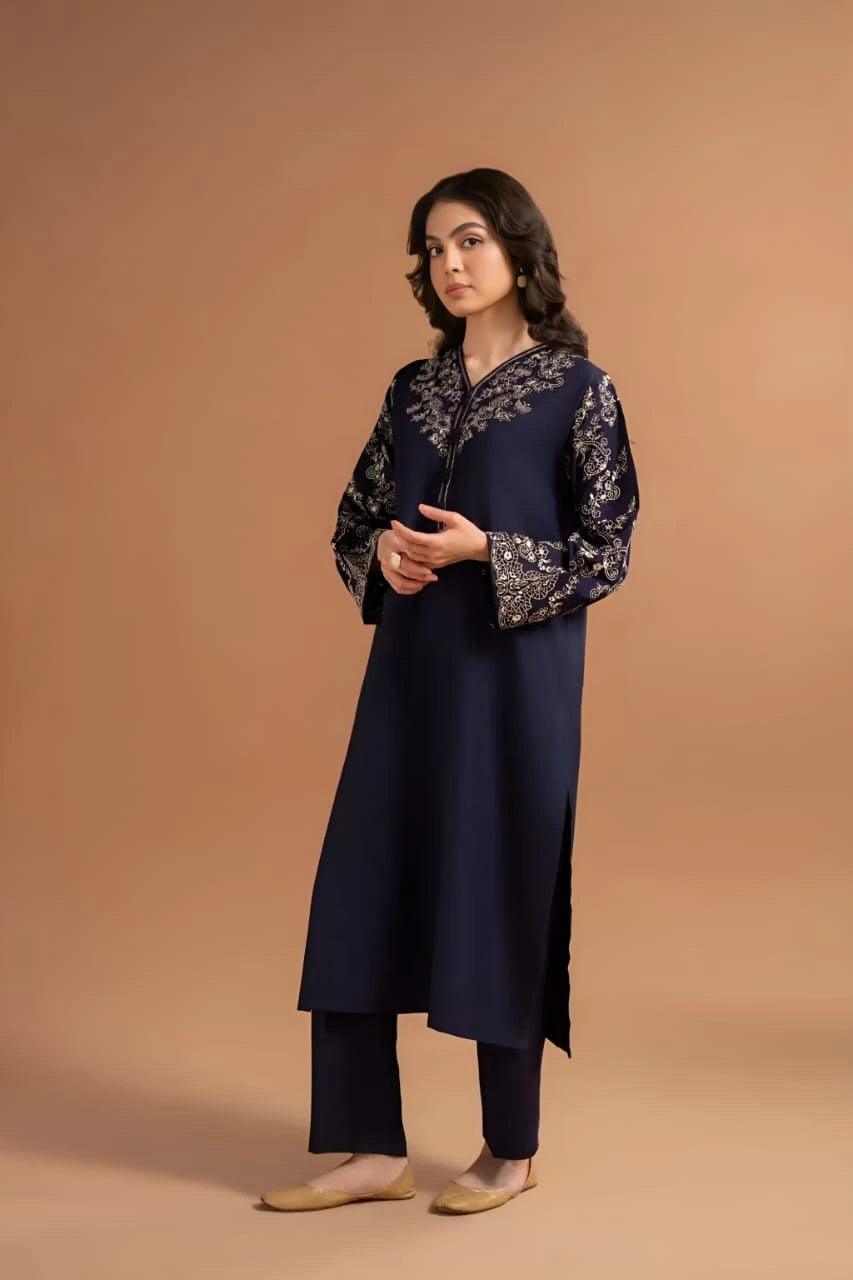 Stylish Women's Stitched Navy-Blue Embroidered - 2 Pc