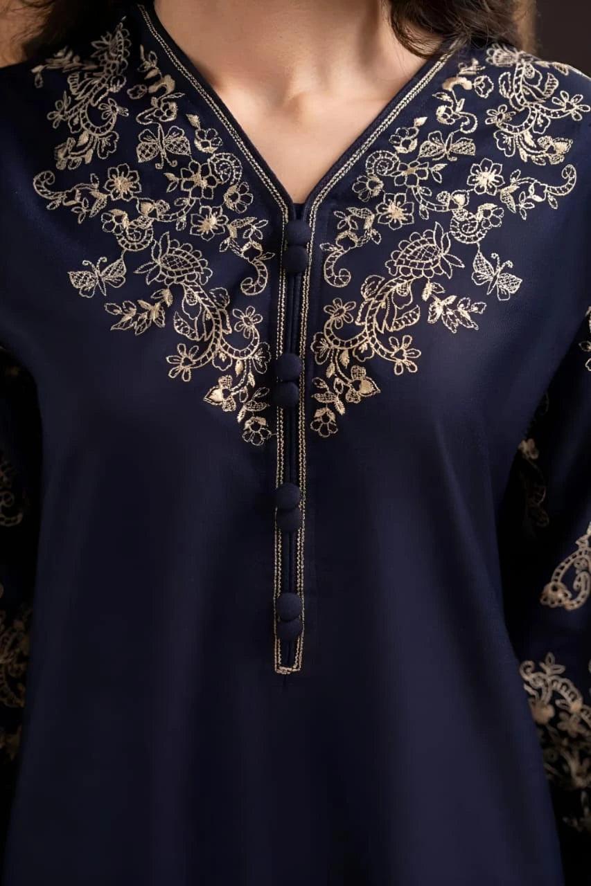 Stylish Women's Stitched Navy-Blue Embroidered - 2 Pc