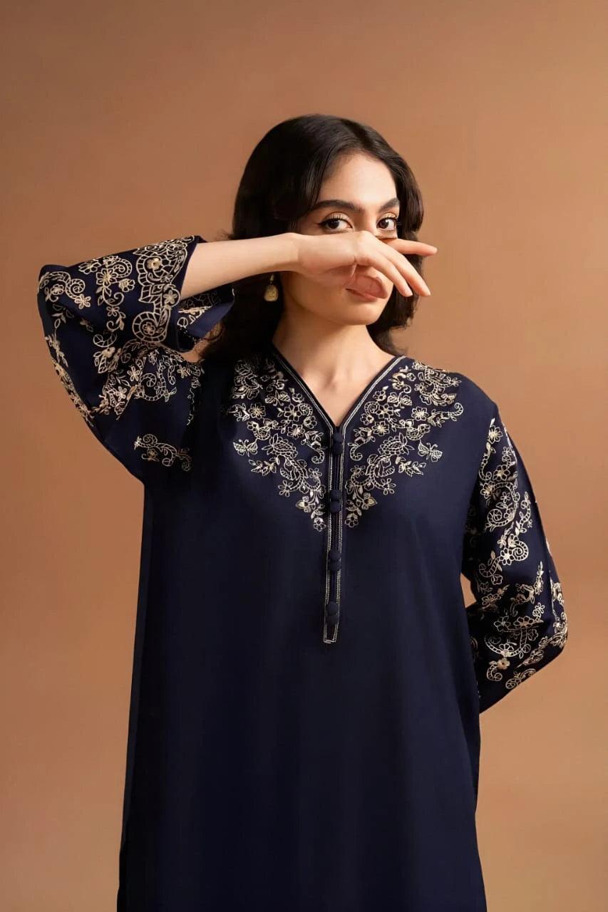 Stylish Women's Stitched Navy-Blue Embroidered - 2 Pc