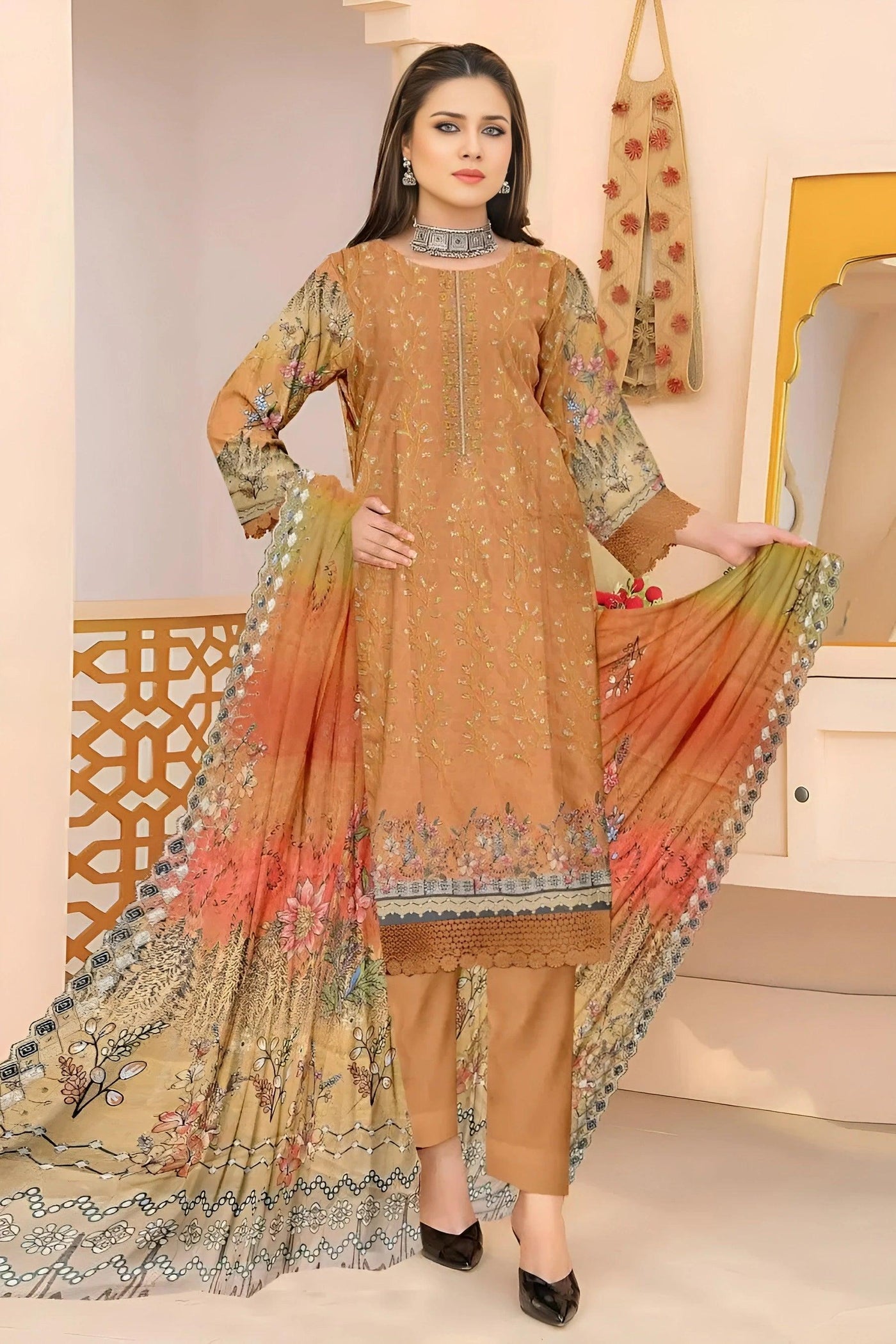 Lawn Embroidered Suit with Printed Design Mustard