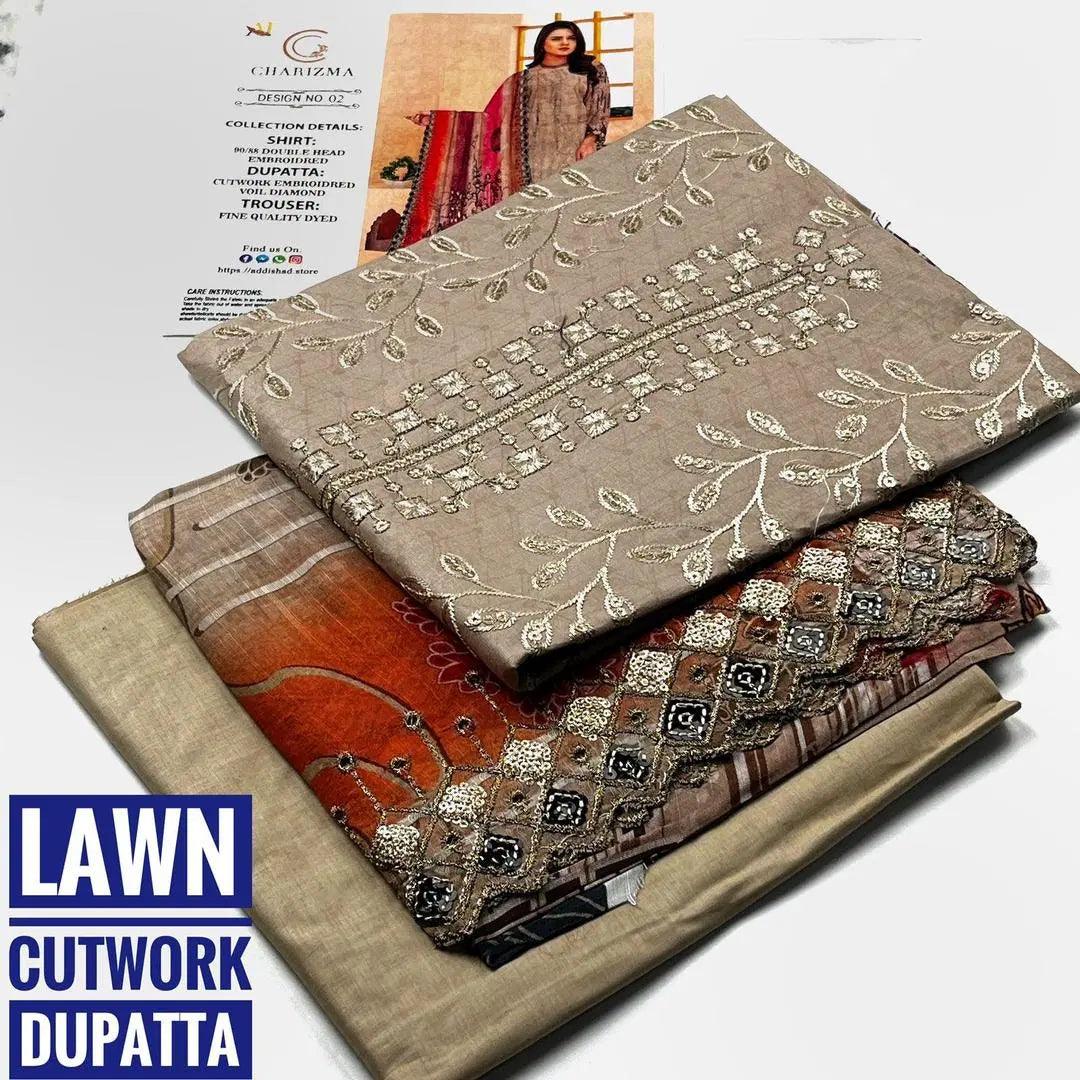 Lawn Embroidered Suit with Printed Design Dark Grayish