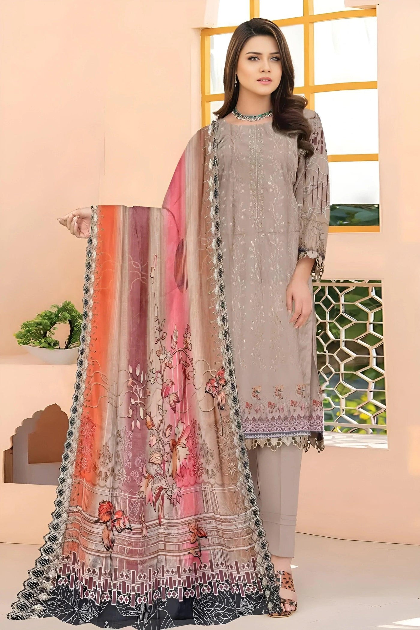 Lawn Embroidered Suit with Printed Design Dark Grayish