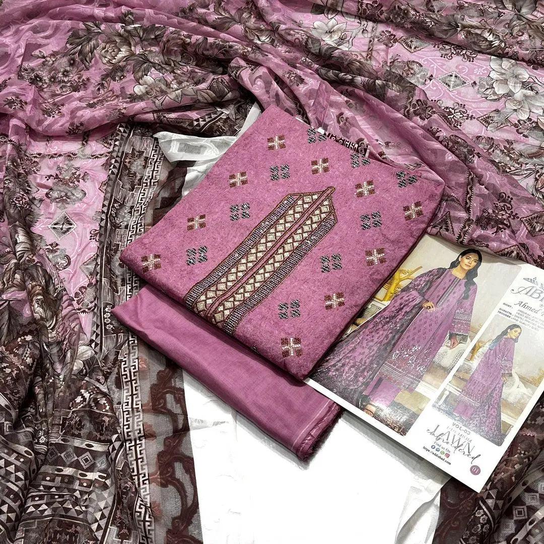 Lawn Suit with Printed Design Lavender