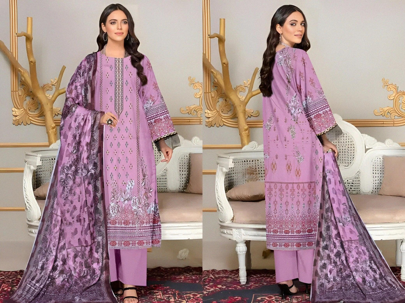 Lawn Suit with Printed Design Lavender