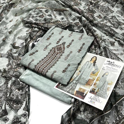 Lawn Suit with Printed Design Gray