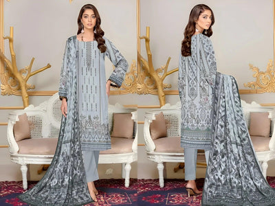 Lawn Suit with Printed Design Gray