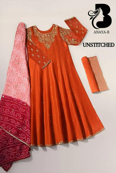 3 Pcs Women's Unstitched Orange Cut Work Suit  