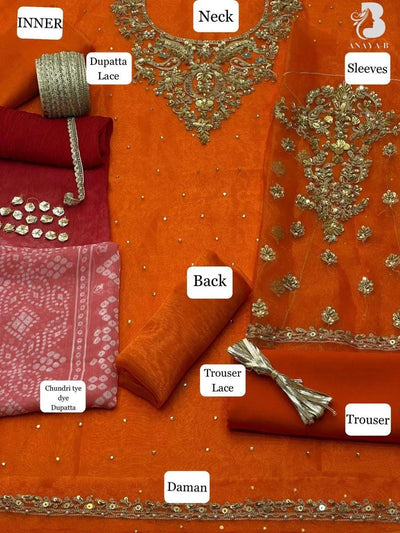 3 Pcs Women's Unstitched Orange Cut Work Suit  
