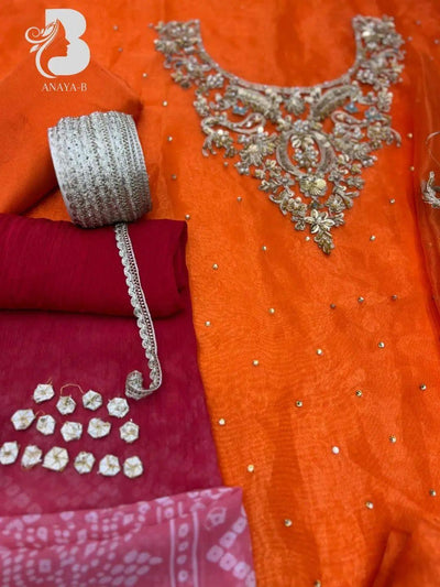 3 Pcs Women's Unstitched Orange Cut Work Suit  