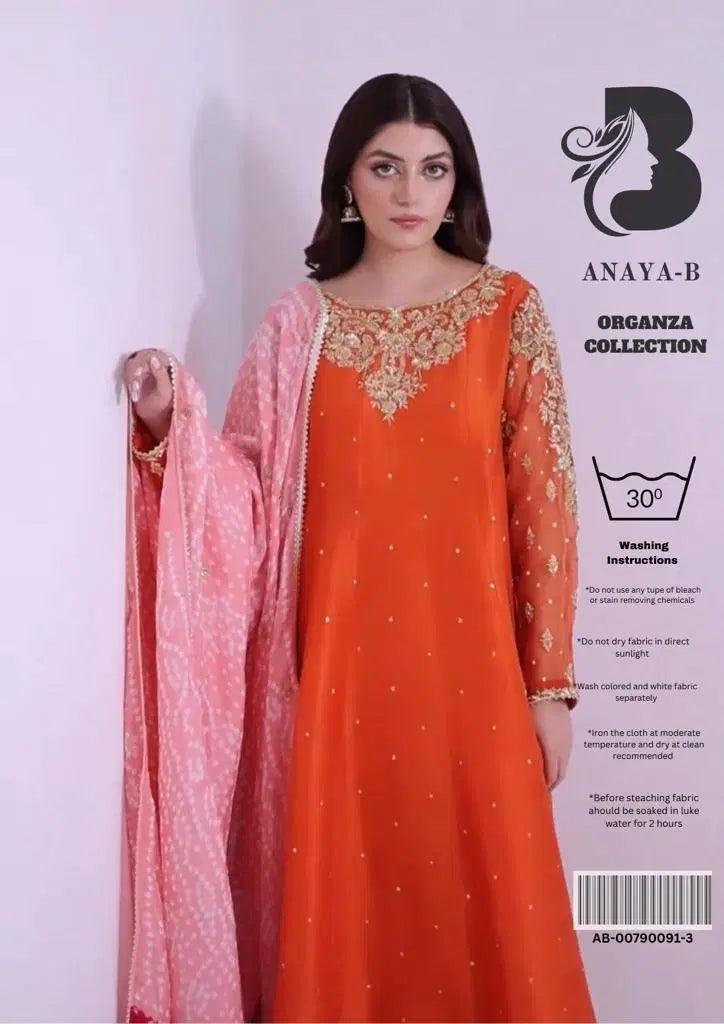 3 Pcs Women's Unstitched Orange Cut Work Suit  
