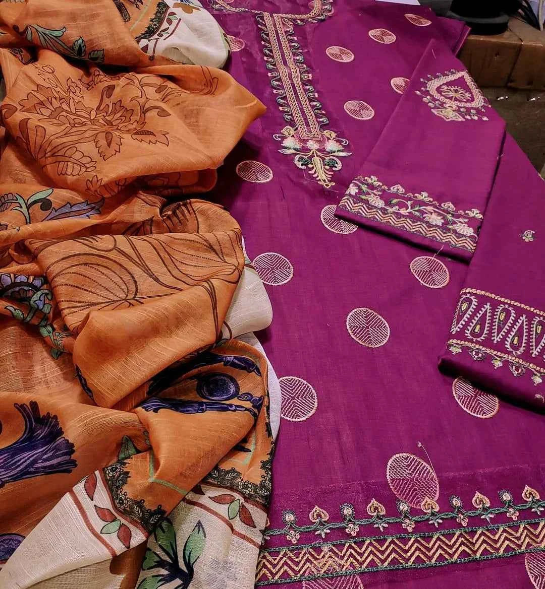 3 Pcs Women's Unstitched Embroidered Suit