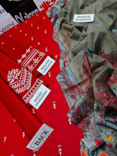 3 Pcs Women's Unstitched Embroidered Suit