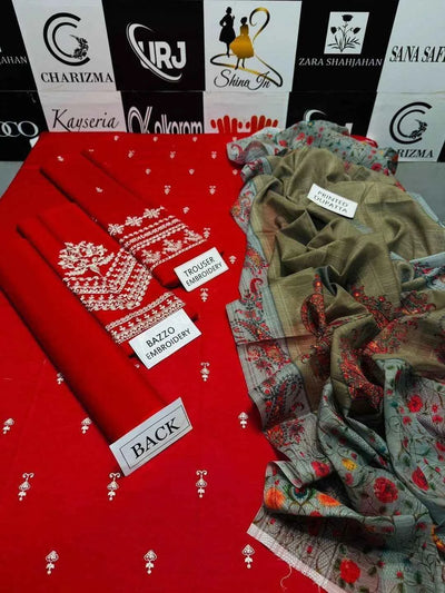 3 Pcs Women's Unstitched Embroidered Suit