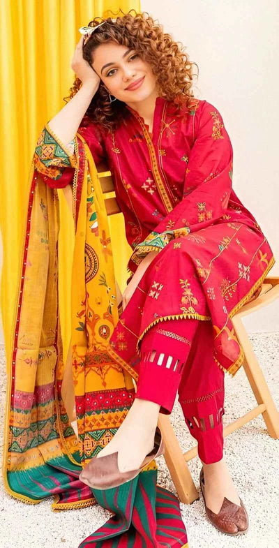 3 Pcs Women's Unstitched Embroidered Suit
