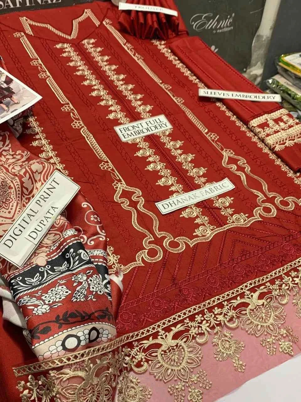 3 Pcs Women's Unstitched Embroidered Suit