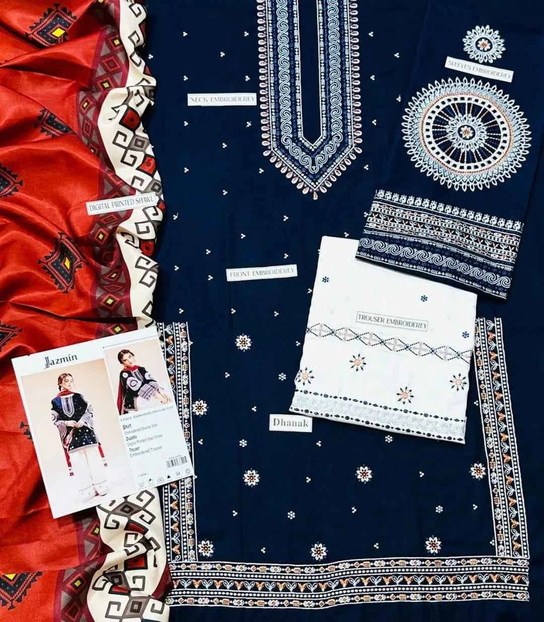 3 Pcs Women's Unstitched Embroidered Suit