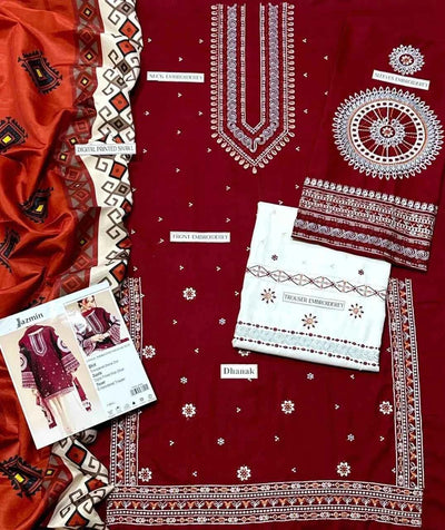 3 Pcs Women's Unstitched Embroidered Suit