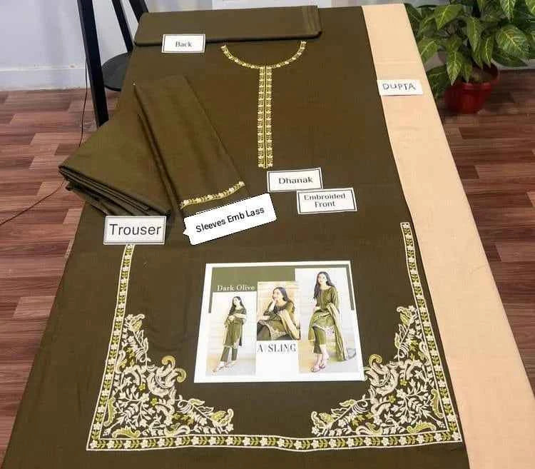 3 Pcs Women's Unstitched Embroidered Suit